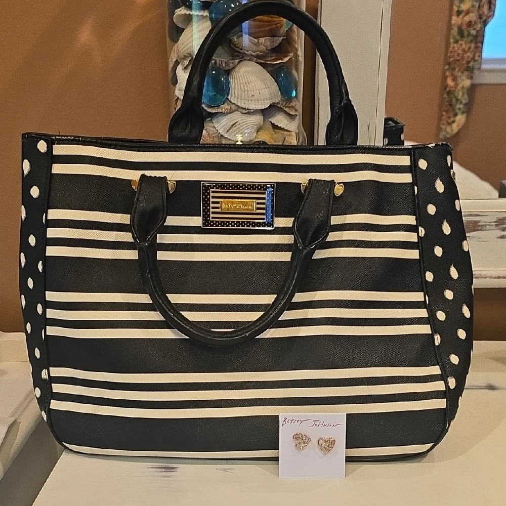 Betsey Johnson Black and White Striped Tote with Polka Dots & Rose Gold Earrings
